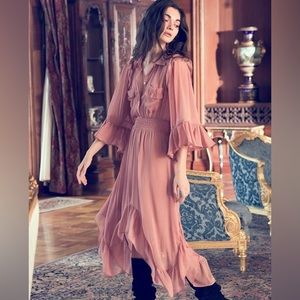 {MISA} Silvya Semi-Sheer Ruffled Midi Dress, Size S